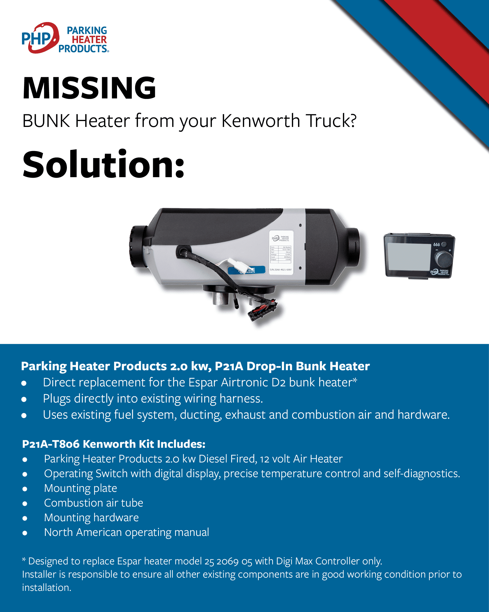 Kenworth / Espar Drop In Air Heater Kit -2kW 12V Model PH21 c/w Digital  Switch - DKSI Parking Heating Products